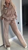 Women Lapel Vertical Stripe Zipper Jacket + Pants Casual Suit