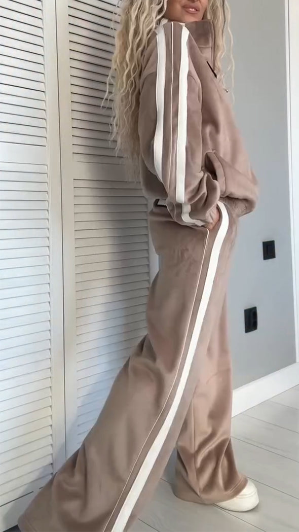 Women Lapel Vertical Stripe Zipper Jacket + Pants Casual Suit