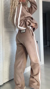 Women Lapel Vertical Stripe Zipper Jacket + Pants Casual Suit
