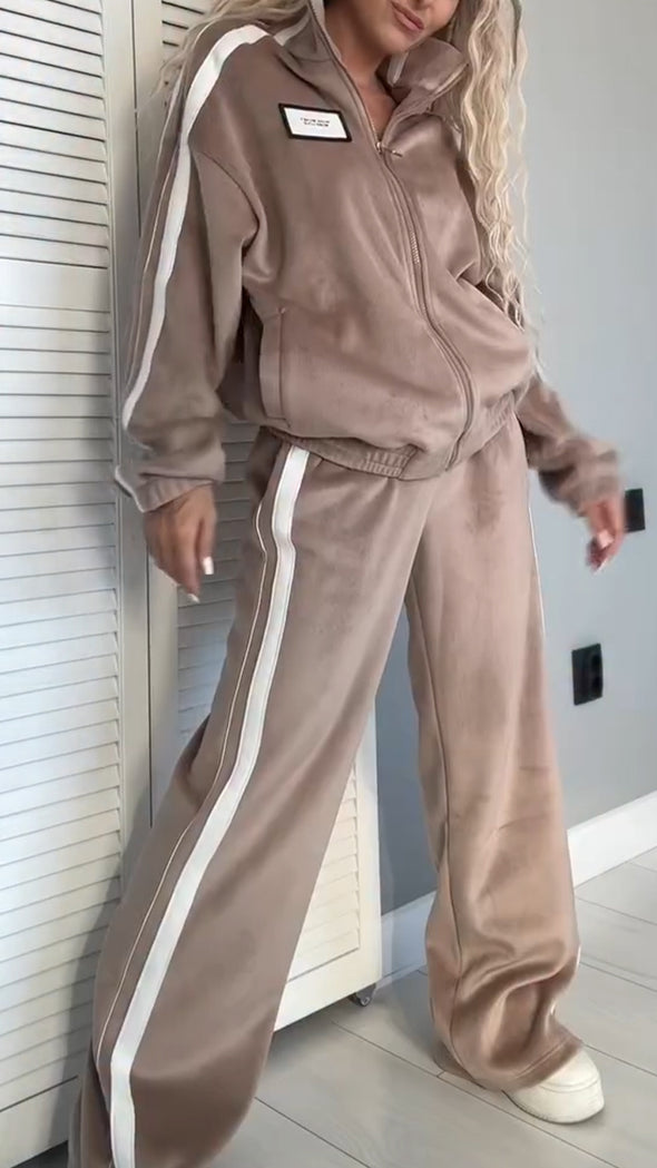 Women Lapel Vertical Stripe Zipper Jacket + Pants Casual Suit