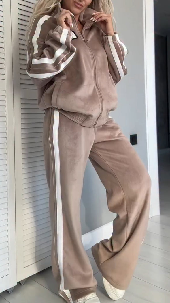 Women Lapel Vertical Stripe Zipper Jacket + Pants Casual Suit