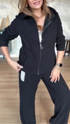 Women Round Neck Hooded Zipper Jacket + Pants Casual Suit