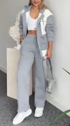 Women Hooded Spliced Jacket + Pants Casual Set