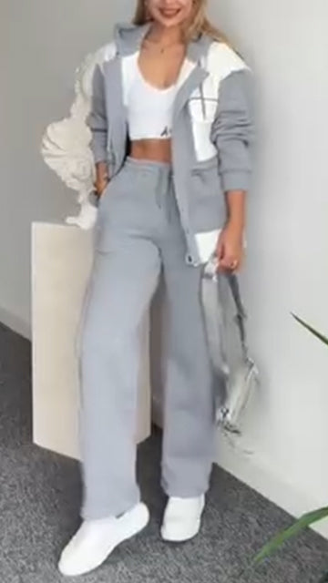 Women Hooded Spliced Jacket + Pants Casual Set