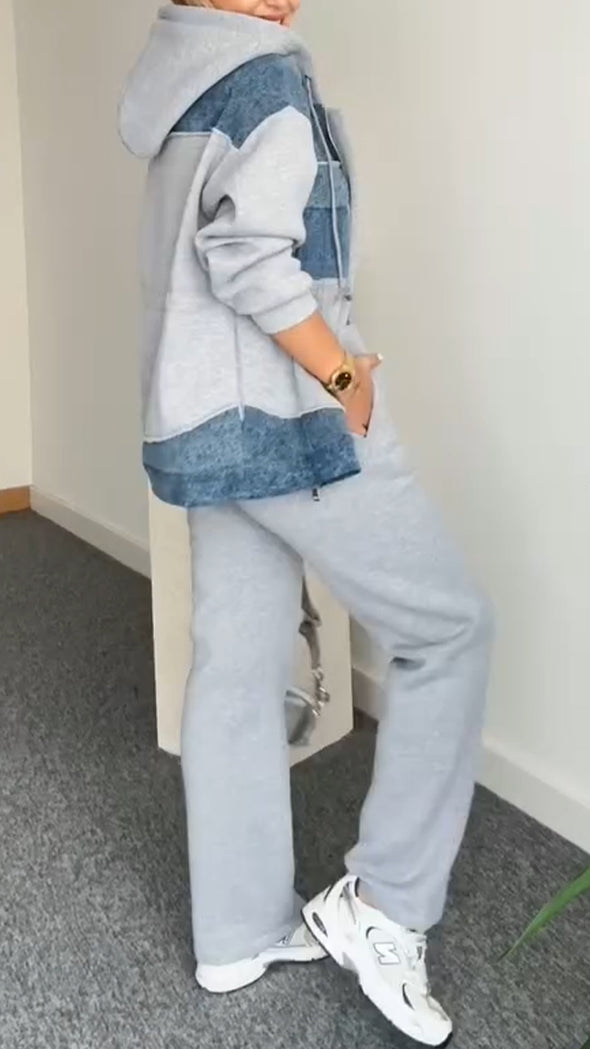 Women Hooded Spliced Jacket + Pants Casual Set