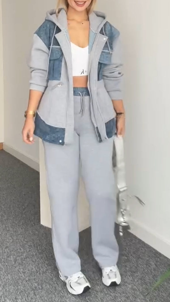 Women Hooded Spliced Jacket + Pants Casual Set