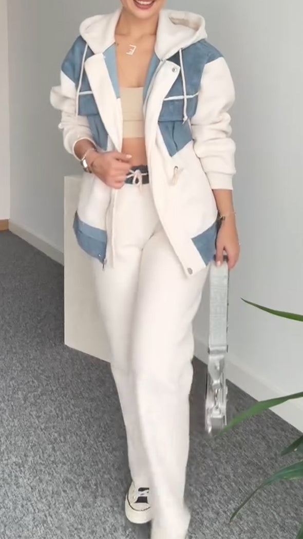 Women Hooded Spliced Jacket + Pants Casual Set