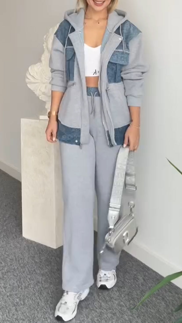Women Hooded Spliced Jacket + Pants Casual Set
