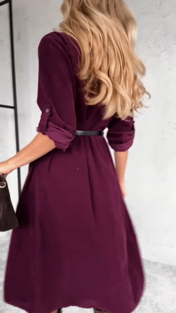 Women Lapel Buttoned Casual Dress