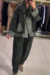 Women Casual Round Neck Loose Suede Splicing Jacket + Harem Pants