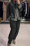 Women Casual Round Neck Loose Suede Splicing Jacket + Harem Pants