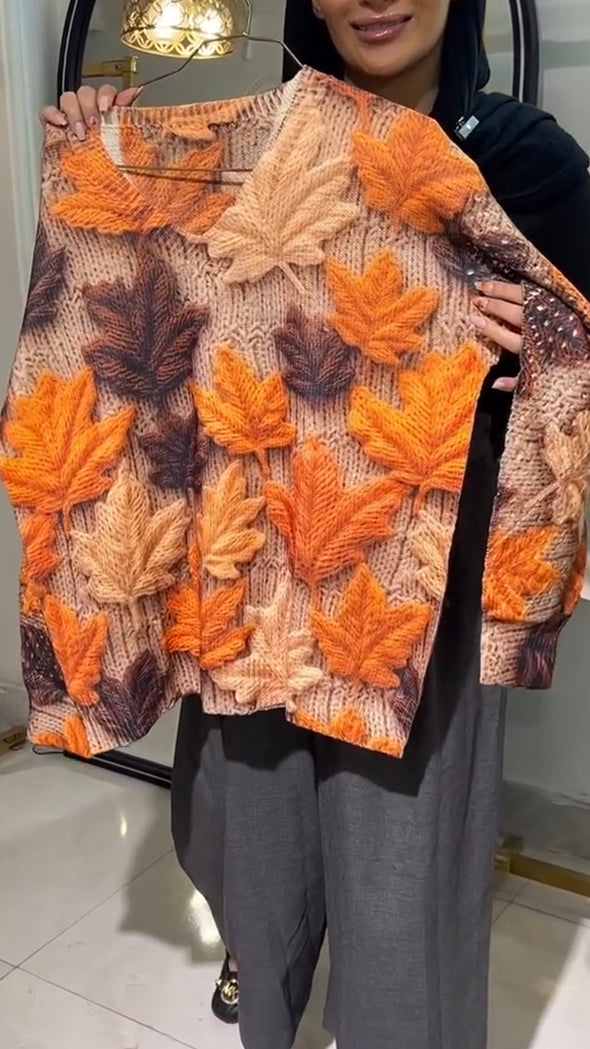 Women V-neck Maple Leaf Casual Knitted Sweater