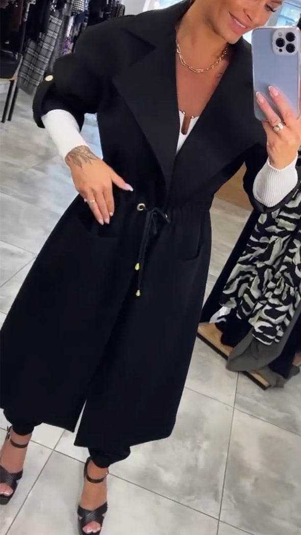 Women Lapel Drawstring Waist Casual Windbreaker