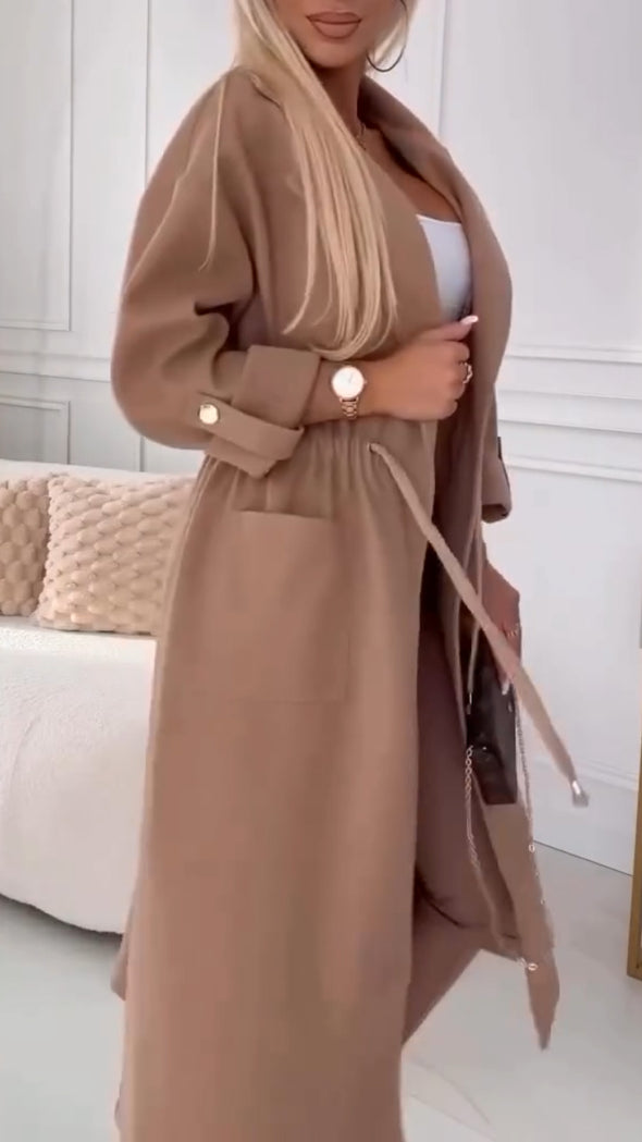 Women Lapel Drawstring Waist Casual Windbreaker