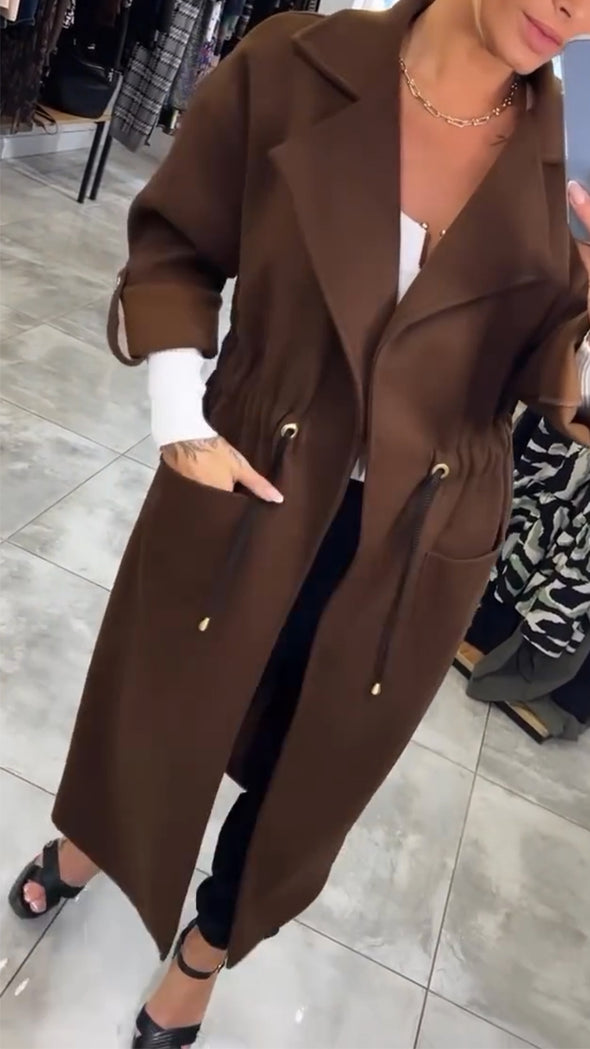 Women Lapel Drawstring Waist Casual Windbreaker