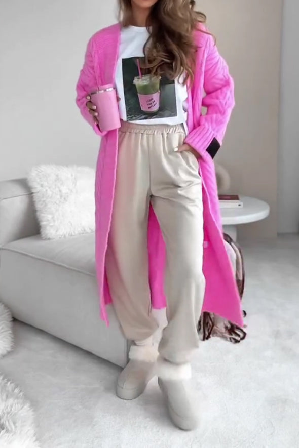 Women Casual Simple Cable Knit Long Cardigan