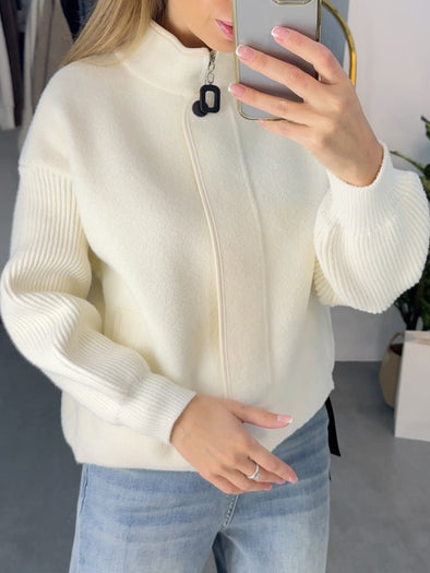 Women Stand Collar Splicing Knit Sleeve Casual Jacket