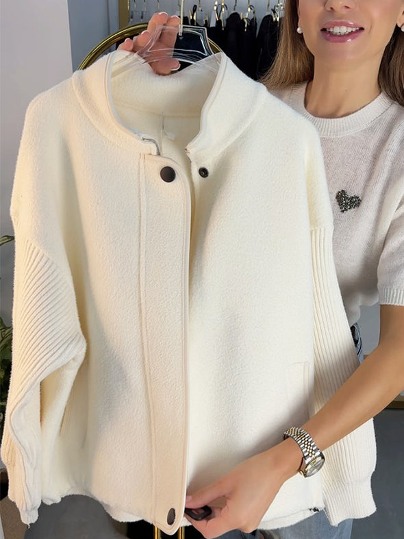 Women Stand Collar Splicing Knit Sleeve Casual Jacket
