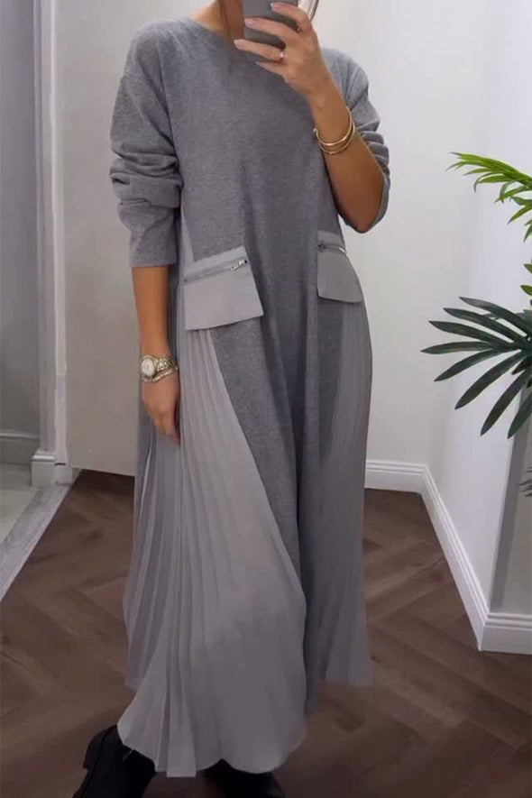 Women Casual Zipper Pocket Pleated Loose Dress