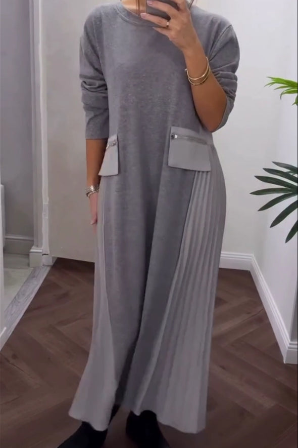Women Casual Zipper Pocket Pleated Loose Dress