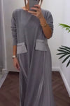 Women Casual Zipper Pocket Pleated Loose Dress