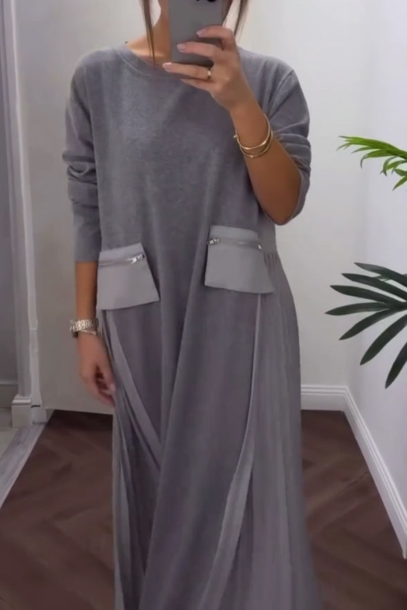 Women Casual Zipper Pocket Pleated Loose Dress