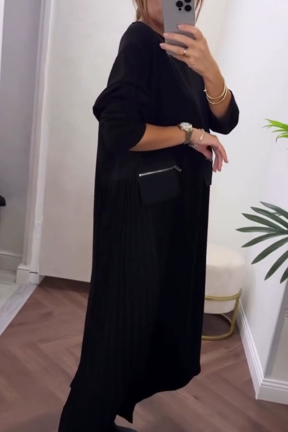 Women Casual Zipper Pocket Pleated Loose Dress