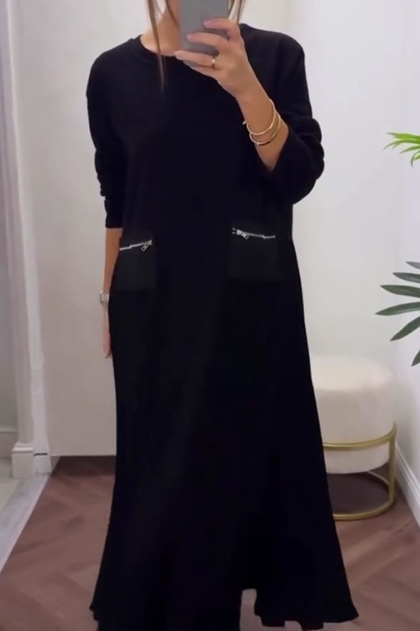 Women Casual Zipper Pocket Pleated Loose Dress