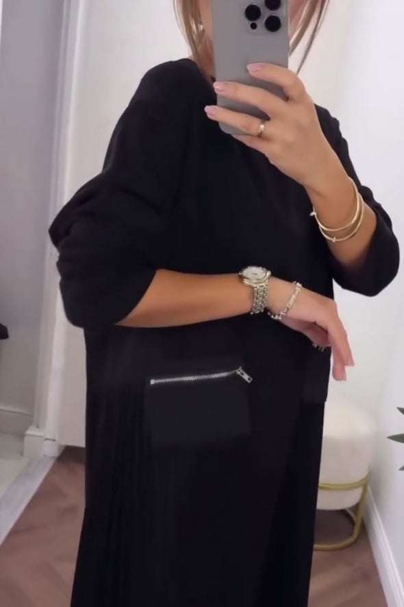 Women Casual Zipper Pocket Pleated Loose Dress