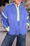Women Casual Contrast Color Stitching Zipper Half-Placket Stand Collar Plush Sweatshirt