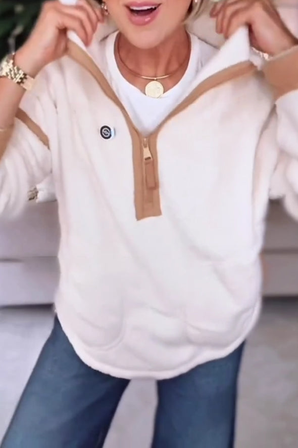 Women Casual Contrast Color Stitching Zipper Half-Placket Stand Collar Plush Sweatshirt