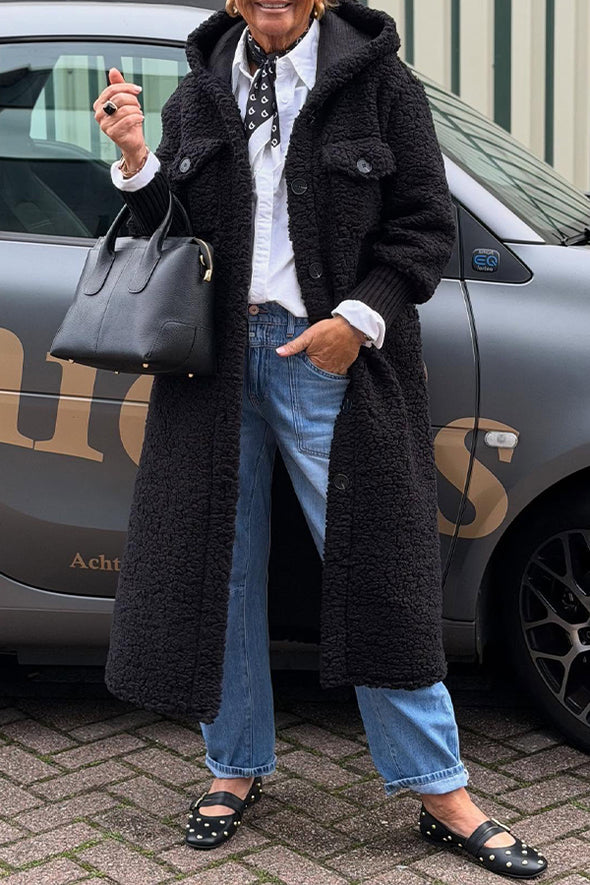 Women Casual Grained Plush Knit Sleeve Hooded Long Coat