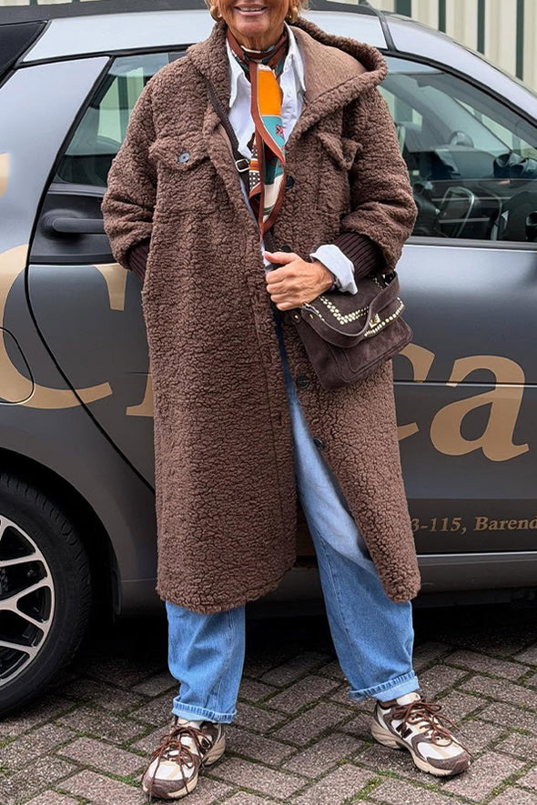 Women Casual Grained Plush Knit Sleeve Hooded Long Coat