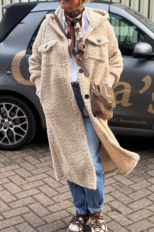Women Casual Grained Plush Knit Sleeve Hooded Long Coat