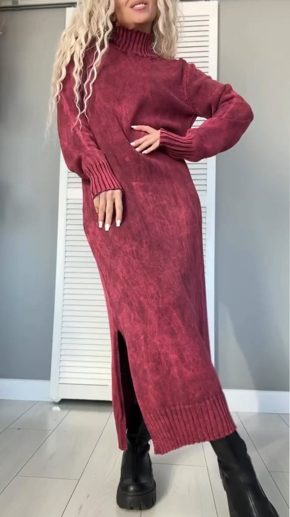 Women High-neck Spliced knitted Side Slit Casual Dress