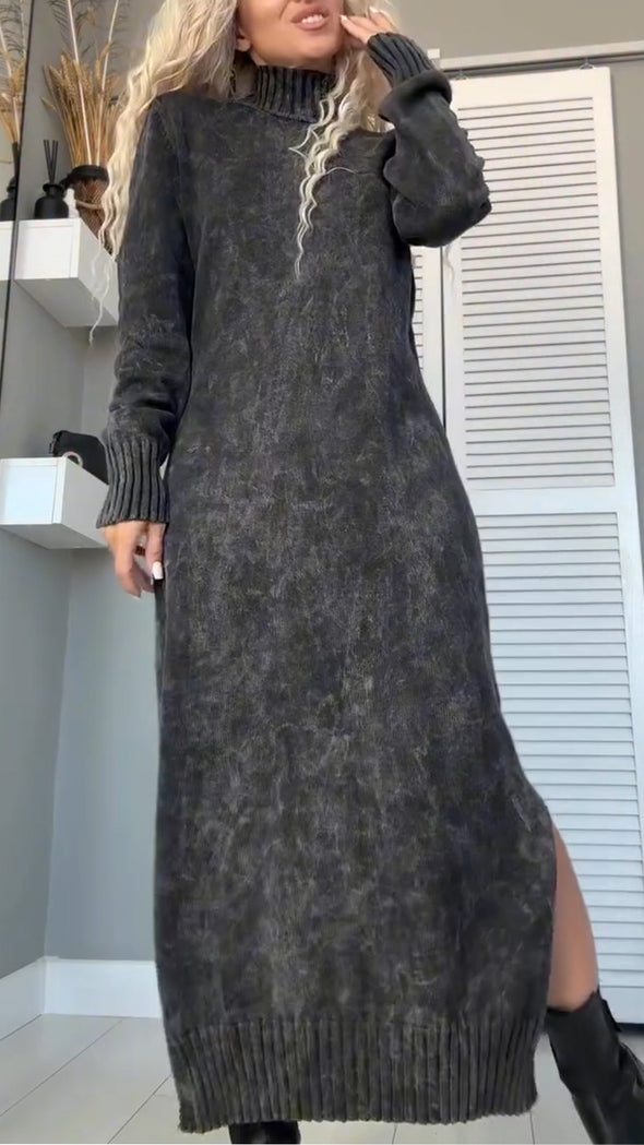 Women High-neck Spliced knitted Side Slit Casual Dress