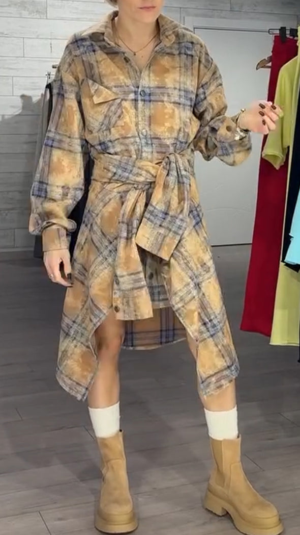 Women Lapel Plaid Irregular Casual Dress