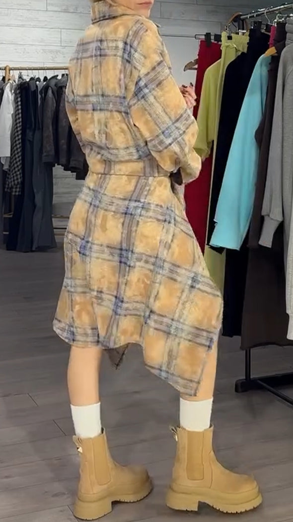 Women Lapel Plaid Irregular Casual Dress
