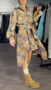Women Lapel Plaid Irregular Casual Dress