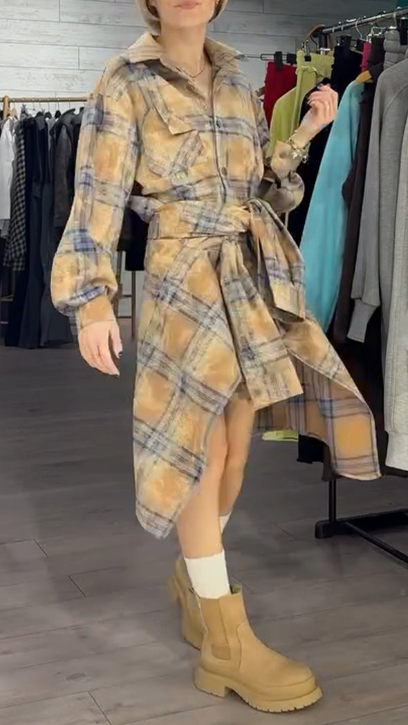 Women Lapel Plaid Irregular Casual Dress