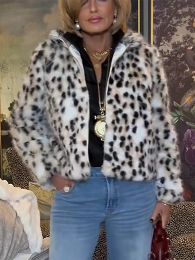 Women Lapel Printed Casual Plush Coat