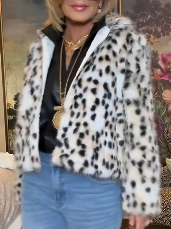 Women Lapel Printed Casual Plush Coat