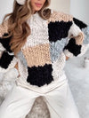Women Round Neck Knitted Contrast Color Casual Sweater