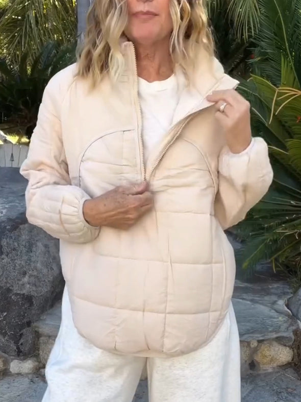 Women Lapel Half Zipper Solid Color Casual Cotton Top