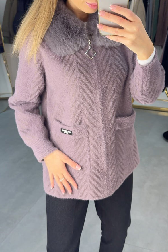 Women Casual Warm Fur Collar Texture Zipper Warm Jacket