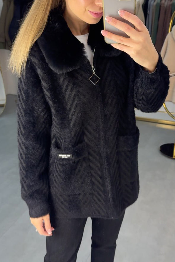 Women Casual Warm Fur Collar Texture Zipper Warm Jacket