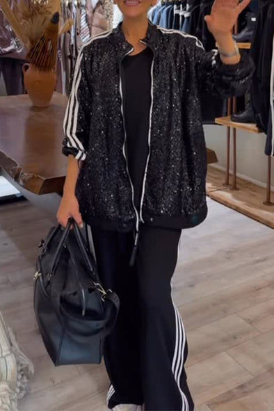 Women Casual Contrast Striped Sequin Zipper Jacket + Wide-Leg Pants