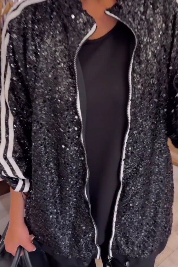Women Casual Contrast Striped Sequin Zipper Jacket + Wide-Leg Pants