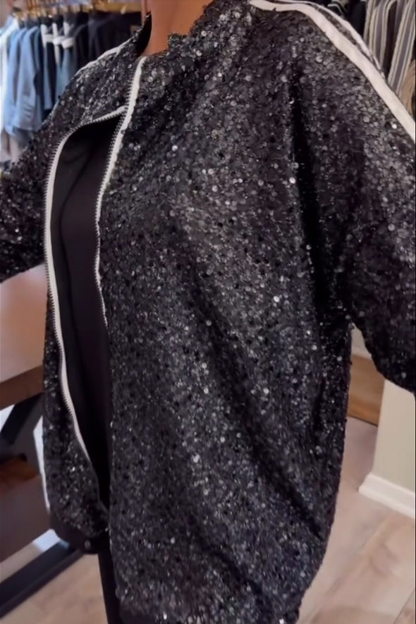 Women Casual Contrast Striped Sequin Zipper Jacket + Wide-Leg Pants