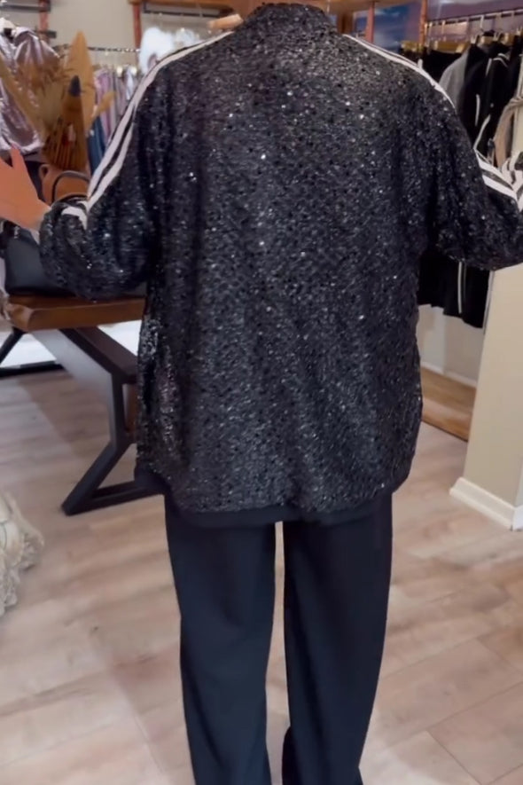 Women Casual Contrast Striped Sequin Zipper Jacket + Wide-Leg Pants